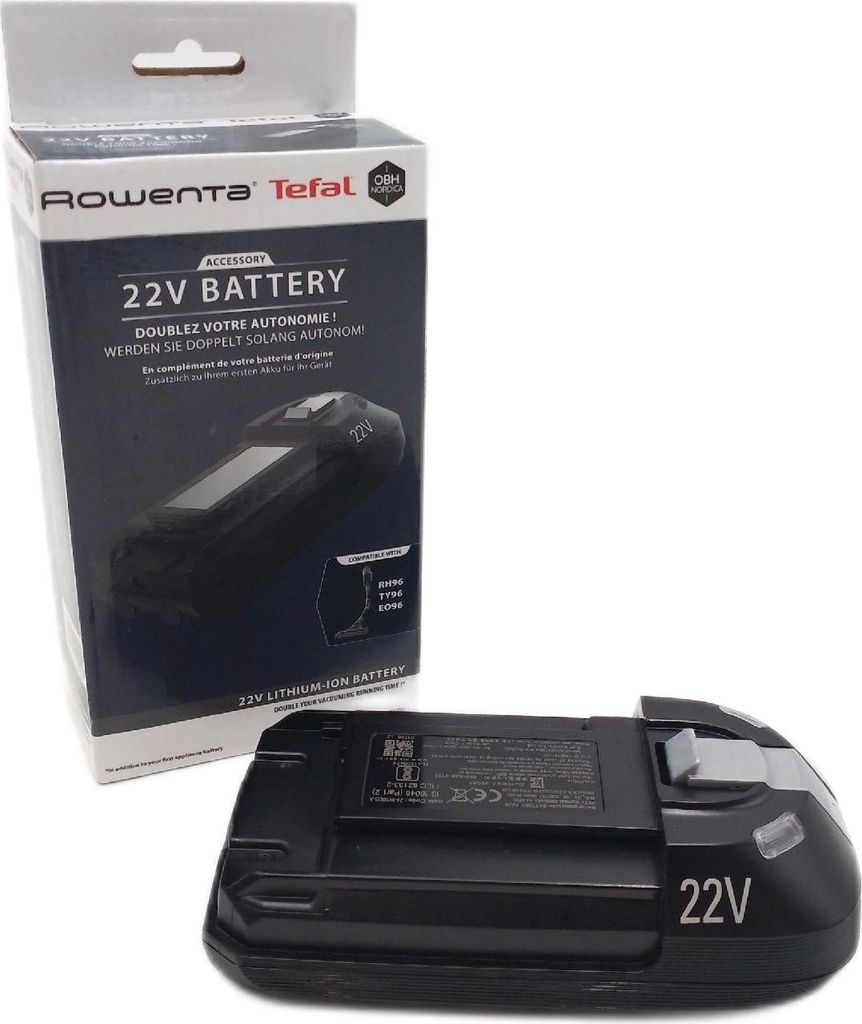 A Rowenta 22V battery and its packaging are shown against a white background.