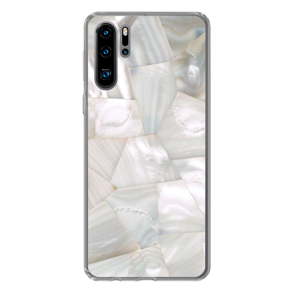 MuchoWow Handyhülle Schutzhülle Hülle für Huawei P30 Pro Naturstein - Perlmutt - Weiß Silikon Softcase Handy Hülle - Schutzdeckel