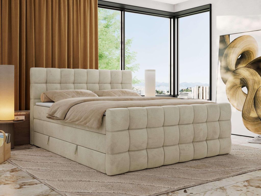 MKS MEBLE Boxspringbett mit Stauraum ALTIVO KING DUO 120x200 Bett mit Fußteil Multipocket-Matratze H3 Polsterbett für das Schlafzimmer - Beige Ve...