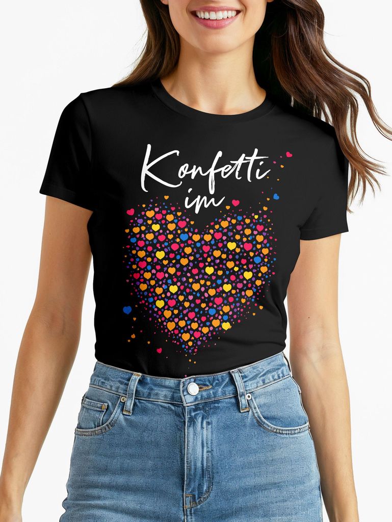 Damen T-Shirt - Konfetti im Herz - Fasching Karneval Ersatz Verkleidung Last Minute Kostüm Funshirt Moonworks