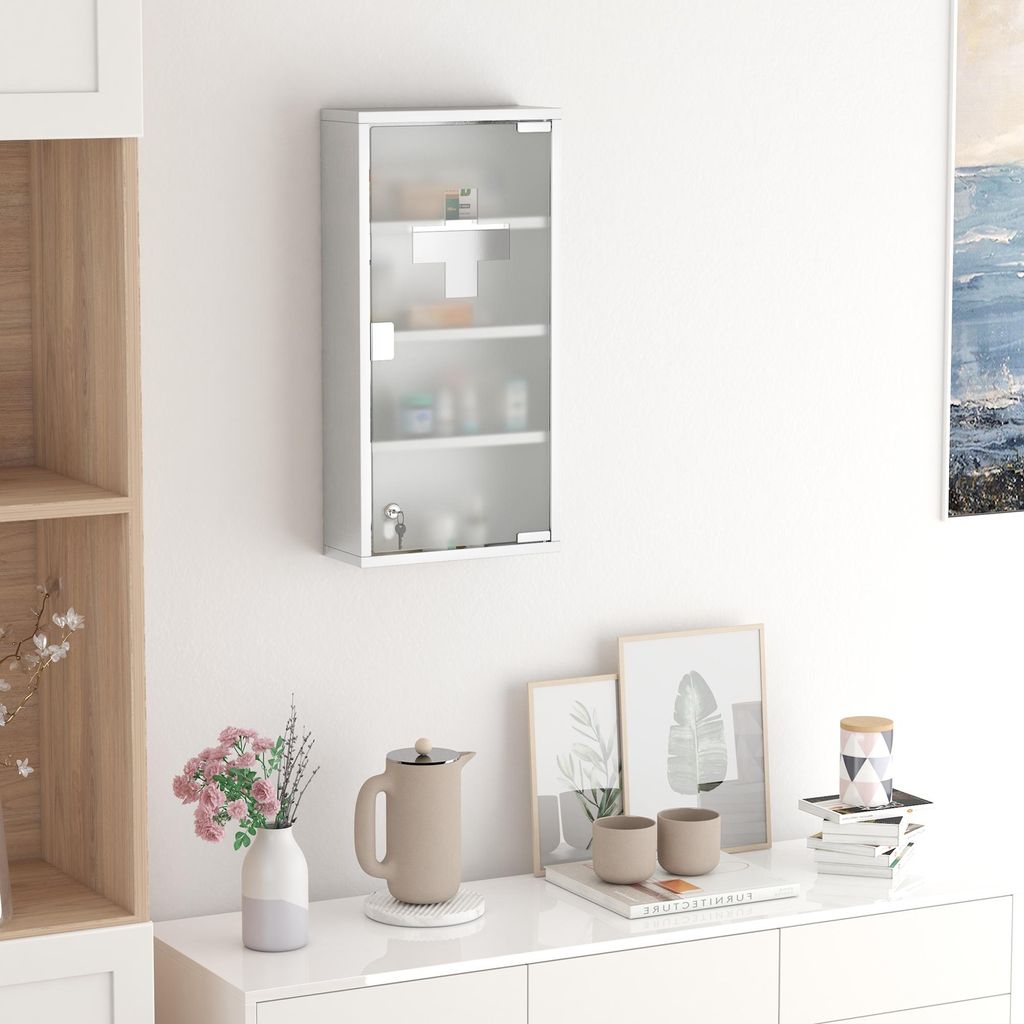 Medizinschrank Edelstahl abschließbar, Arzneischrank Tip-On Glastür, Apothekerschrank Silber | 30x12x60 cm | 4 Fächer | 2 Schlüssel