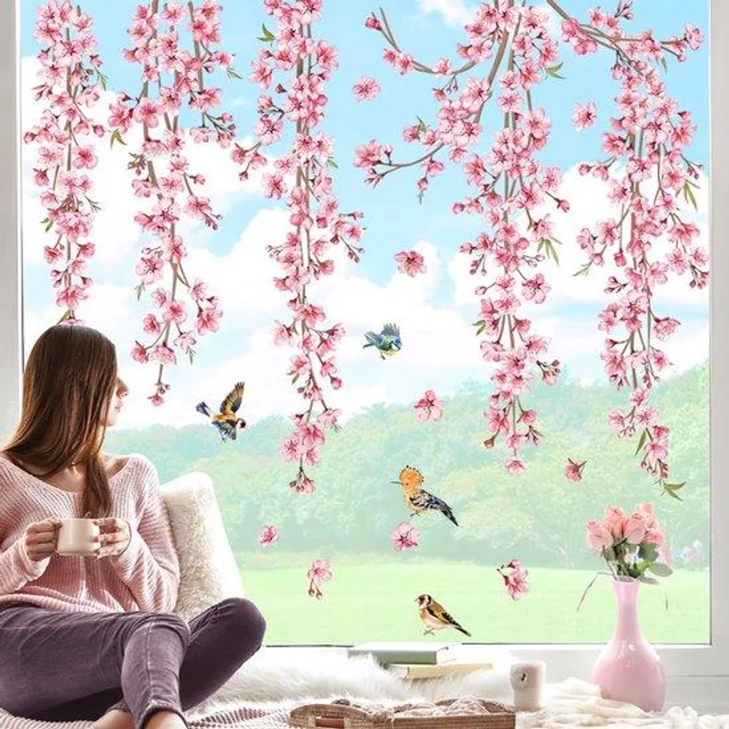 Film fenêtre fleurs roses oiseaux - Revêtement adhésif motif floral HD