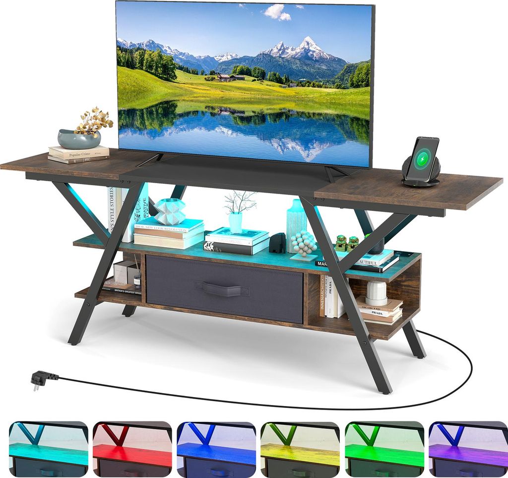 KOMFOTTEU TV-Schrank mit bunten LED-Lichtern, TV-Ständer mit Ladestation für Fernseher bis 65 Zoll, Konsolentisch Fernsehschrank mit Schublade un...