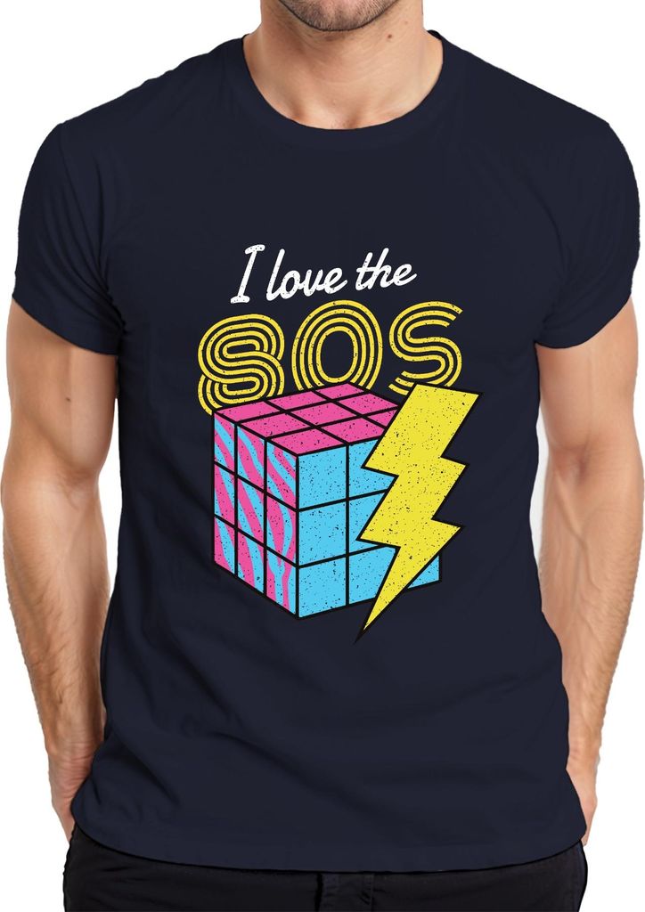 I love the 80s 80er Retro Neon Achtziger Zauberwürfel Blitz Pop Herren T-Shirt, Navy, 3XL