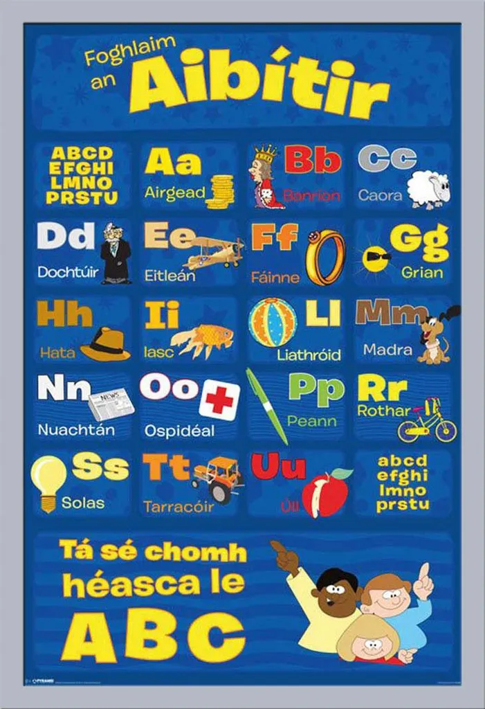 Educazione - Educazione - Poster - Impara l'alfabeto ( irlandese ) + cornice rimovibile, Shinsuke® Maxi MDF argento, disco acrilico - 1