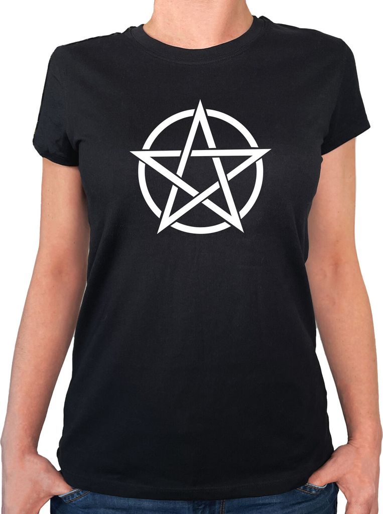 Huuraa Damen T-Shirt Pentagramm Drudenfuß L Black Bio Baumwolle Fairtrade Damenshirt Geschenkidee