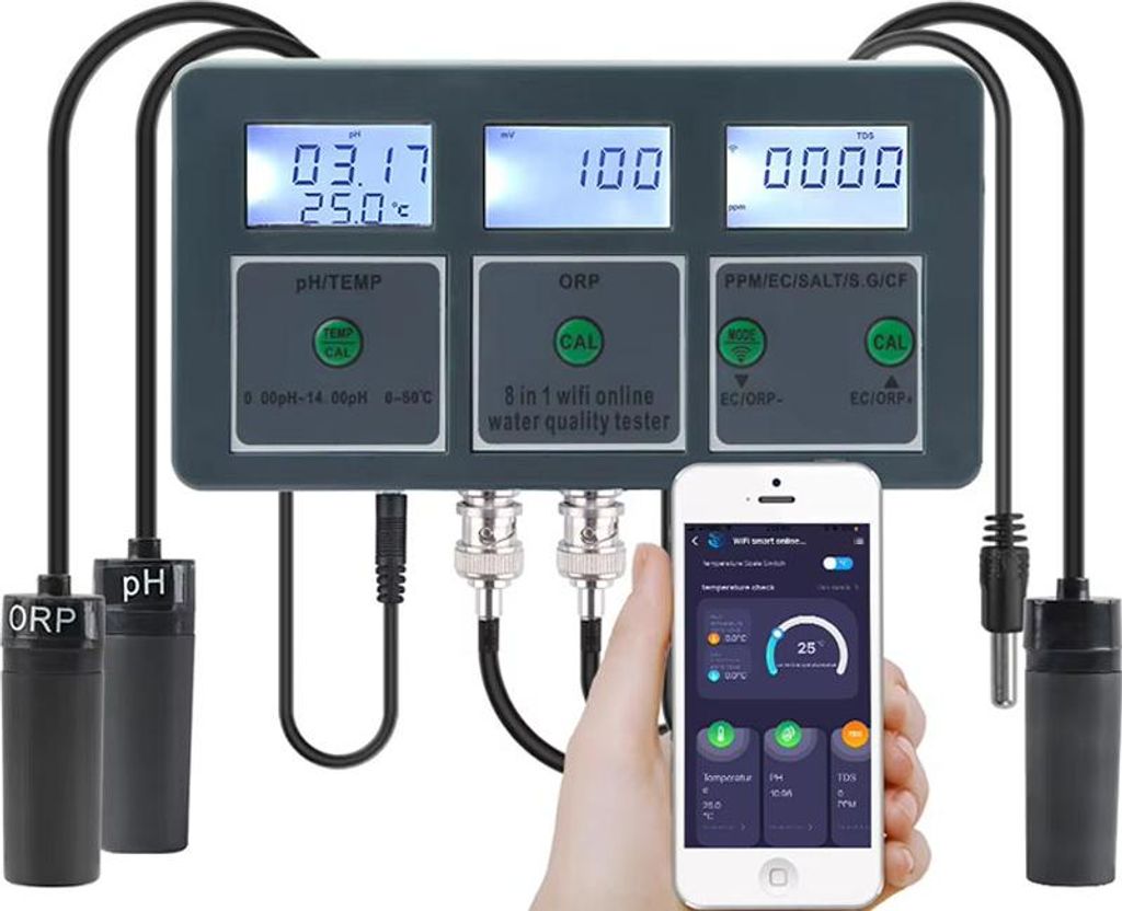 8-in-1 Tuya WiFi Wasserqualitätsmessgerät pH EC ORP TDS Salzgehalt Temperatur S.G. Monitor Datenlogger für Aquarium Pool Hydroponik EU-Stecker