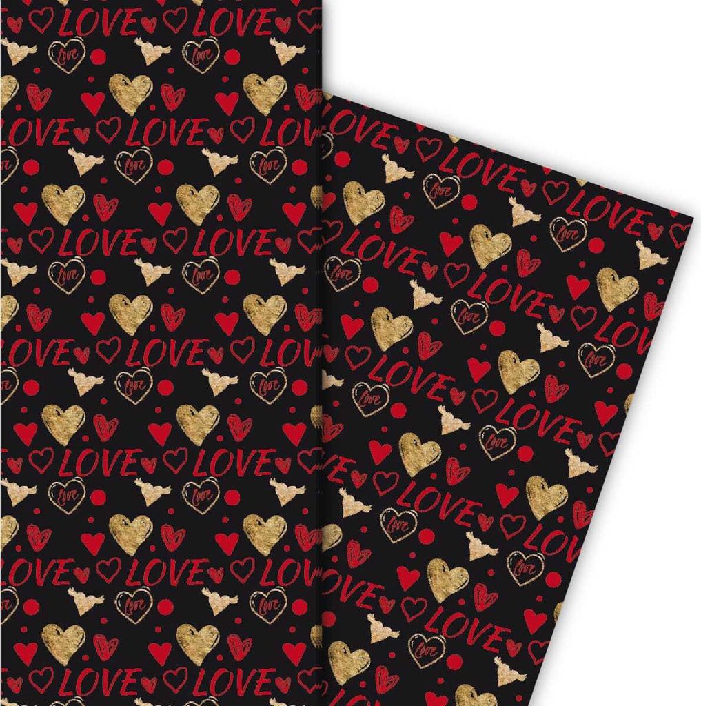 Romantisches Liebes Geschenkpapier mit Herzen, schwarz, rot - G4834, 32 x 48cm