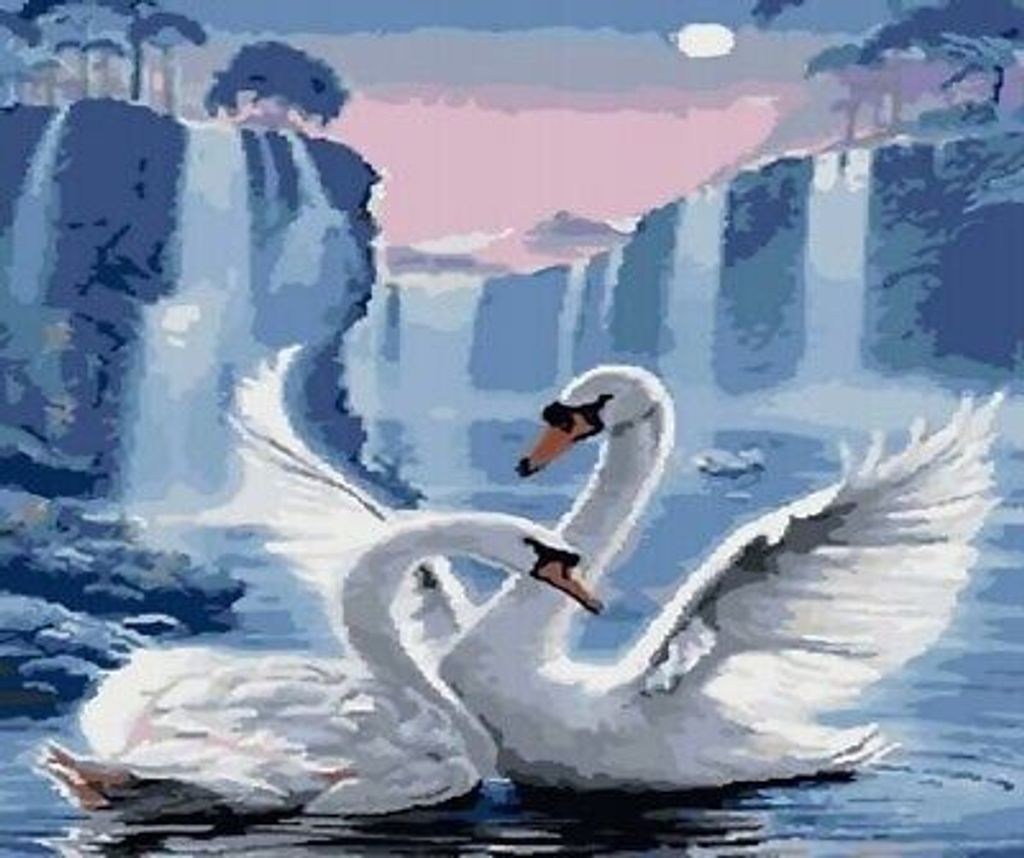 50x40 cm Malen nach zahlen Set mit Holzrahmen Schwäne an einem Wasserfall