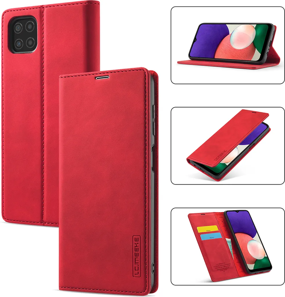 Custodia Galaxy A22 5G Anti-Urto: Pelle Rossa, Funzione Stand, Portafoglio