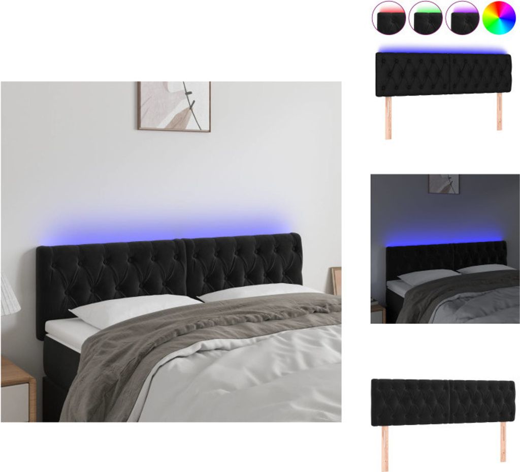 vidaXL LED Kopfteil Schwarz 144x7x78/88 cm Samt -  Kopf- & Produktbild 