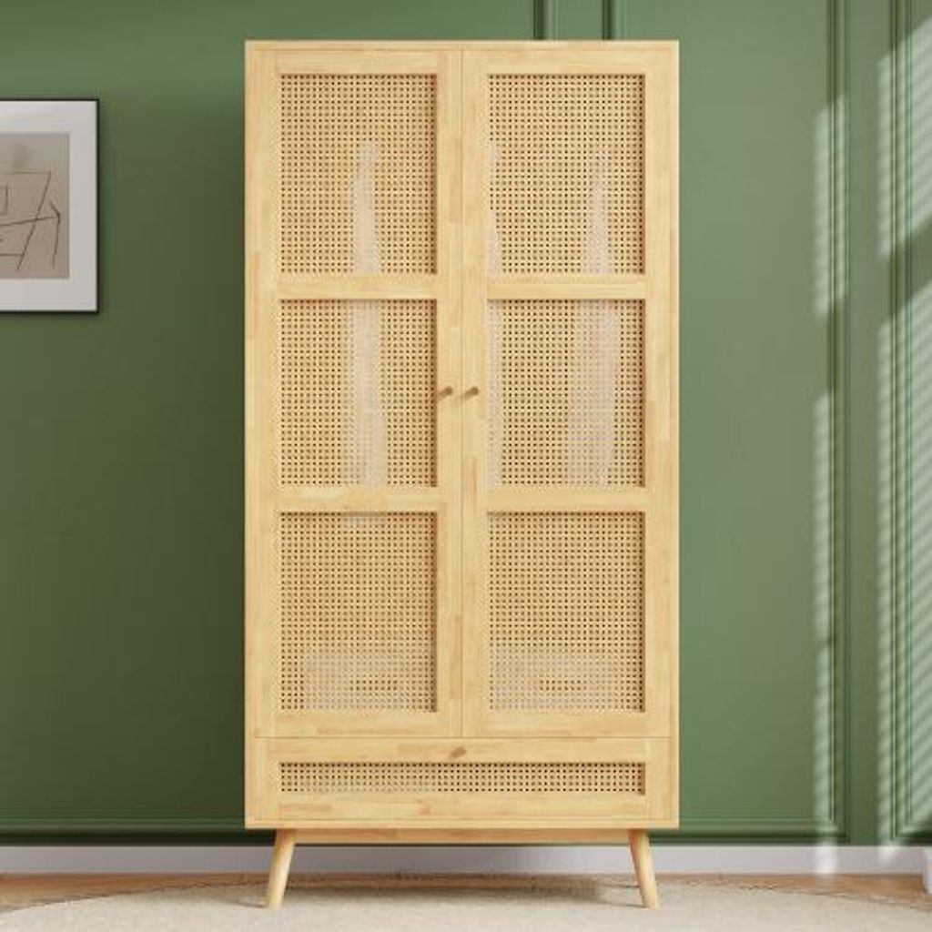 Kleiderschrank 2-tuerig Stange 90x45x183cm Seitenschrank Rattannetz Flip-Top Deckel Spanplatten PE-Rattan Naturbelassen Beistellschrank Schliessfae...