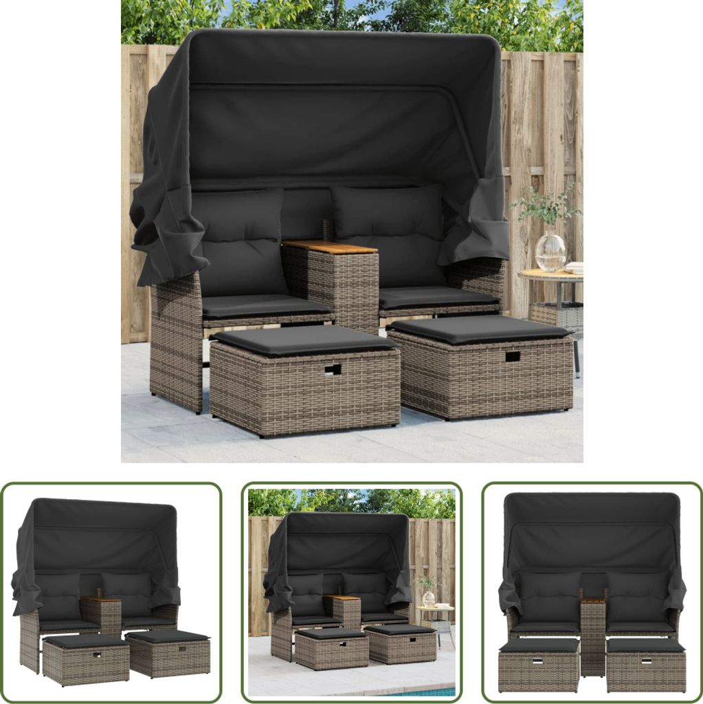 The Living Store Gartensofa 2-Sitzer mit Dach und Hockern Grau Poly Rattan