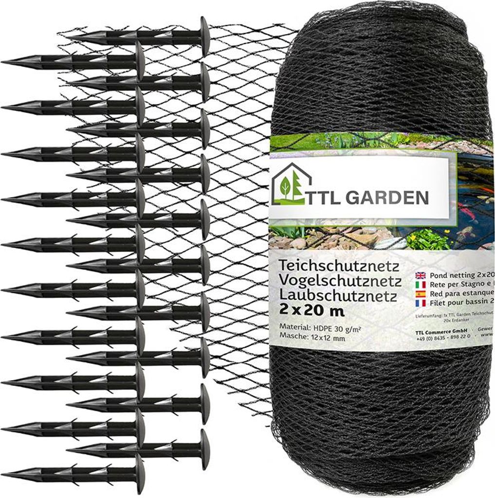 TTL GARDEN Teichnetz 2x20m schwarz 30g/m² Vogelschutznetz HDPE engmaschig reißfest mit Bodenanker