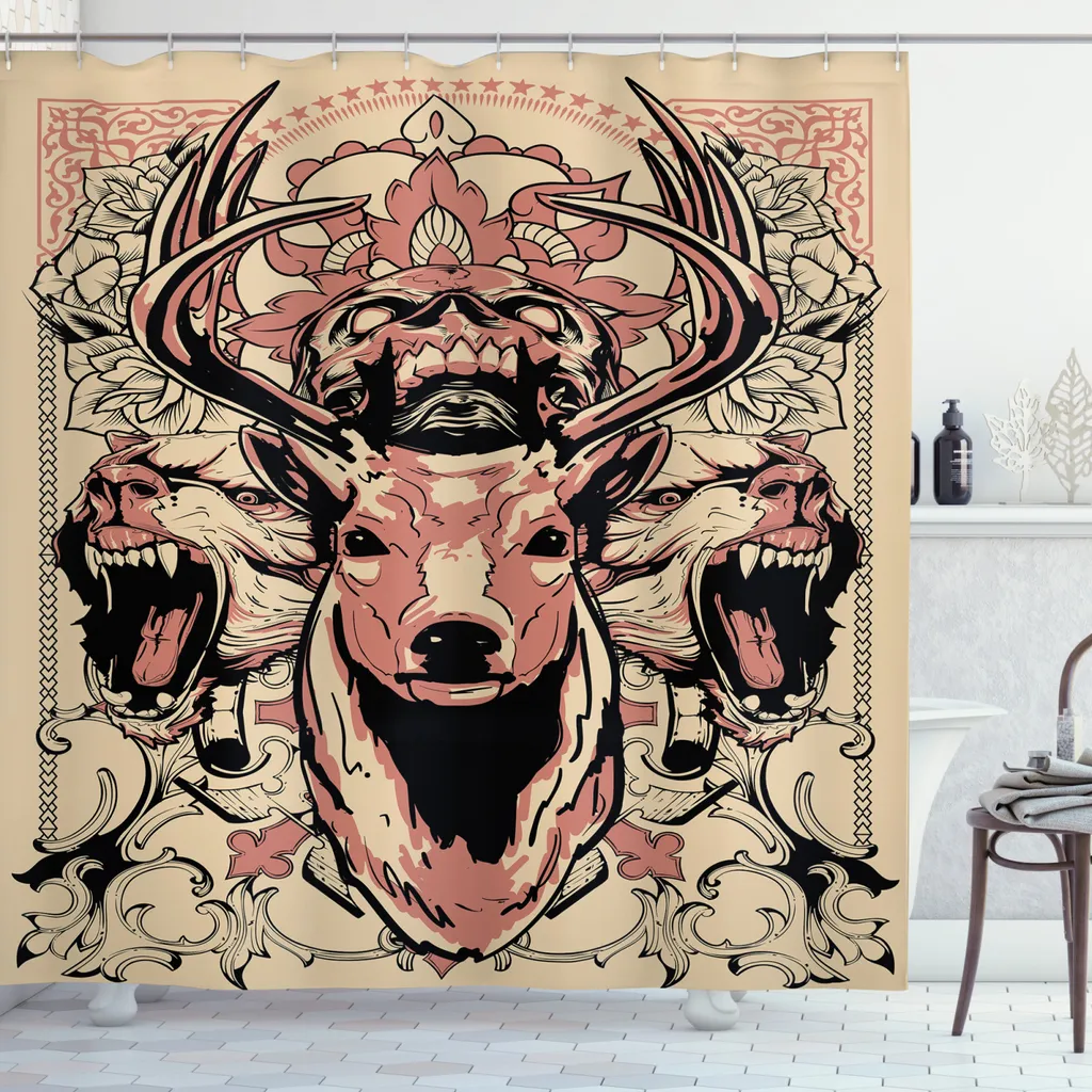 Rideau de douche ABAKUHAUS cerf et loups 175x240cm noir et rose
