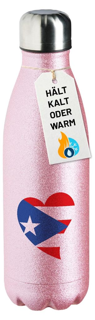 Huuraa Trinkflasche Puerto Rico Flagge Herz 500ml Pink Edelstahl Wasserflasche Trinkflasche Geschenkidee