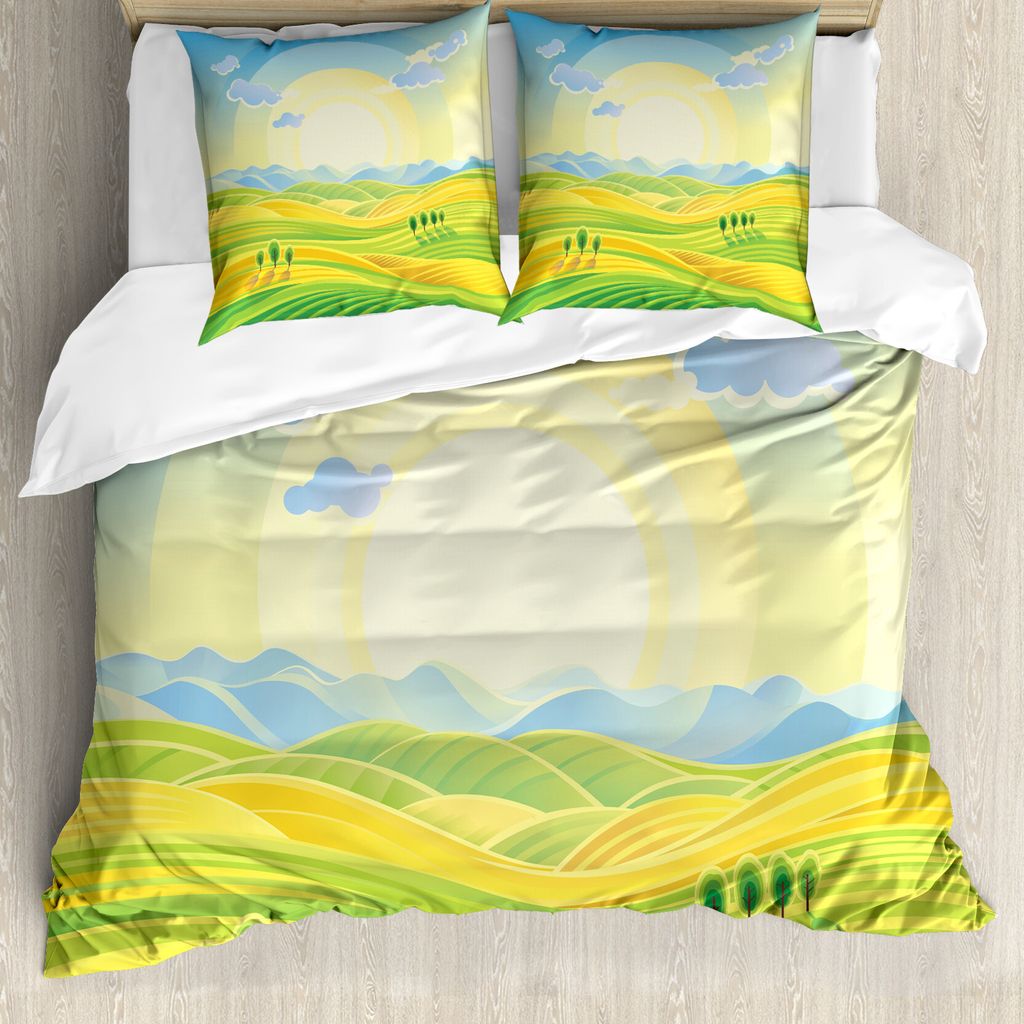 ABAKUHAUS Weiss-braun Bettbezugs Set Für Doppelbetten, Sonnige ländliche Landschaft, Milbensicher Allergiker geeignet mit Kissenbezügen, Gelbgrün