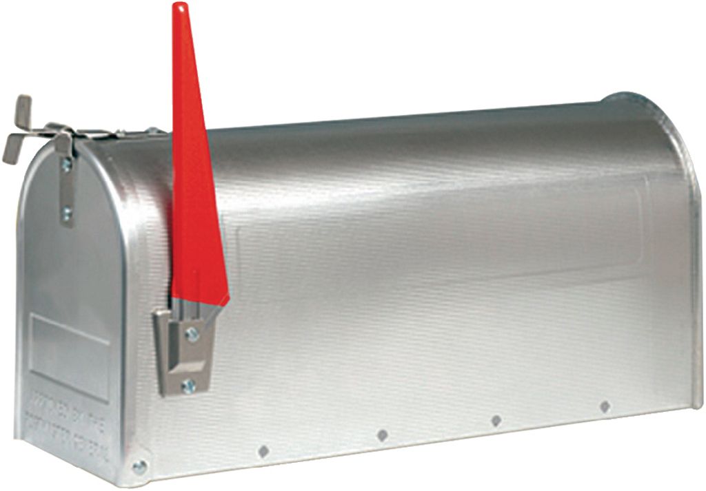 A silver mailbox with a red flag is shown against a white background.