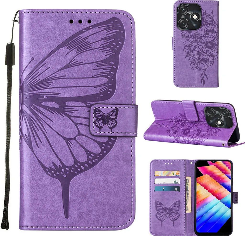 Custodia Elegante Tecno Spark 10C Viola - Farfalle in Rilievo e Portafoglio