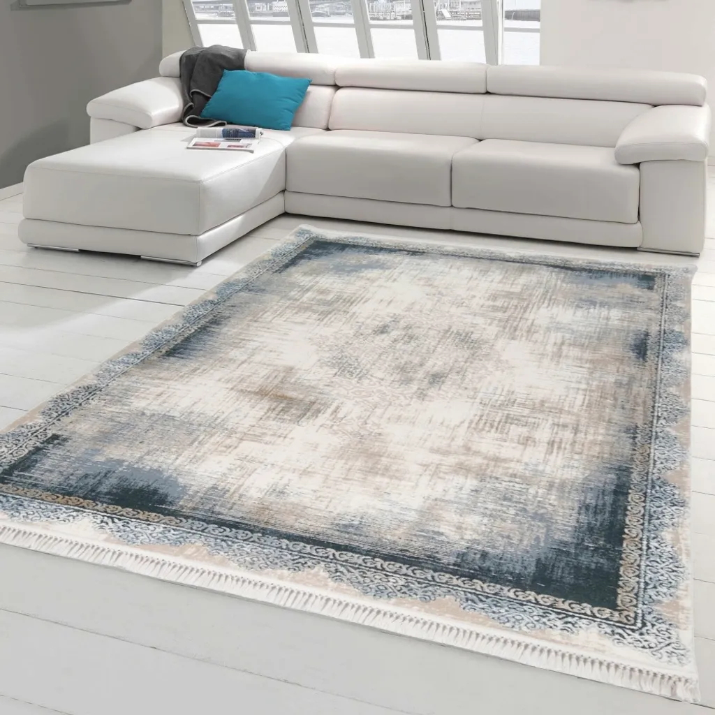 Tapis Bleu Oriental Moderne en Laine, Anti-Bruit et Confort 120x180