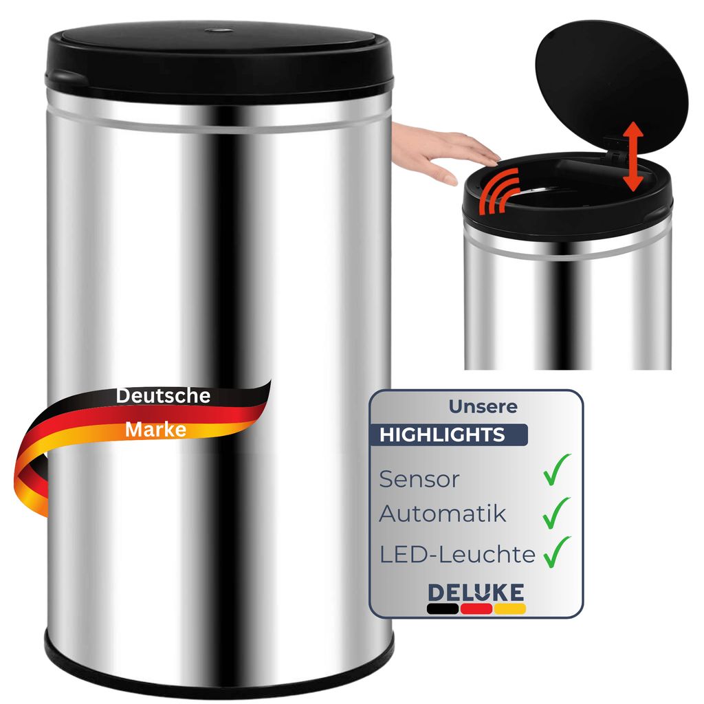 DELUKE Sensor Mülleimer Küche 60L Edelstahl - Automatik Bewegungssensor Klemmring | Smarter Abfalleimer mit Deckel Müllbehälter Kücheneimer