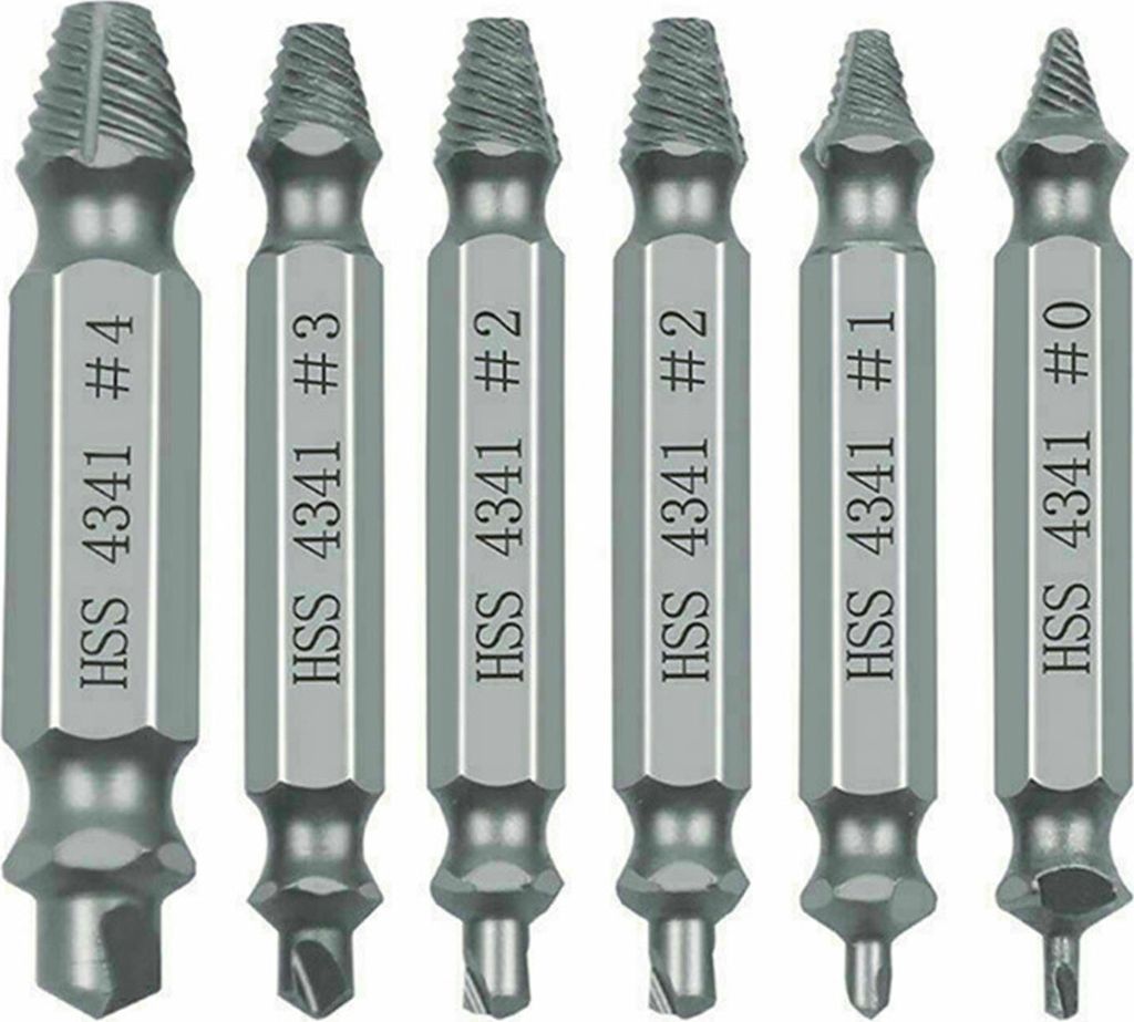 A set of six screw extractors with different sizes labeled.