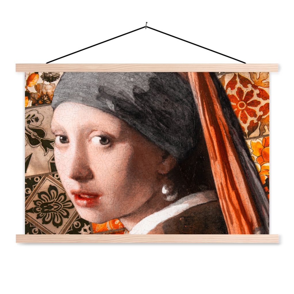 MuchoWow Textilposter Das Mädchen mit dem Perlenohrring - Vermeer - Collage 60x40 cm mit holzfarbenen Rahmen - Bilder