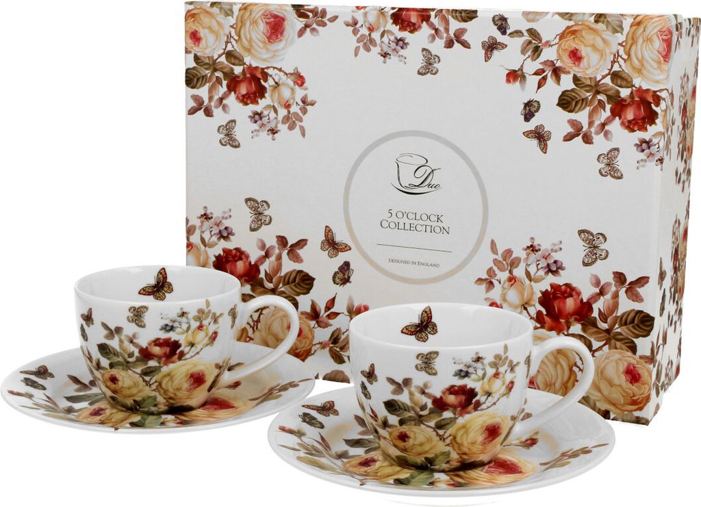 DUO FLORAL 2er-Set Espressotassen 90 ml ZAHRA mit Untertassen, New Bone China Porzellan
