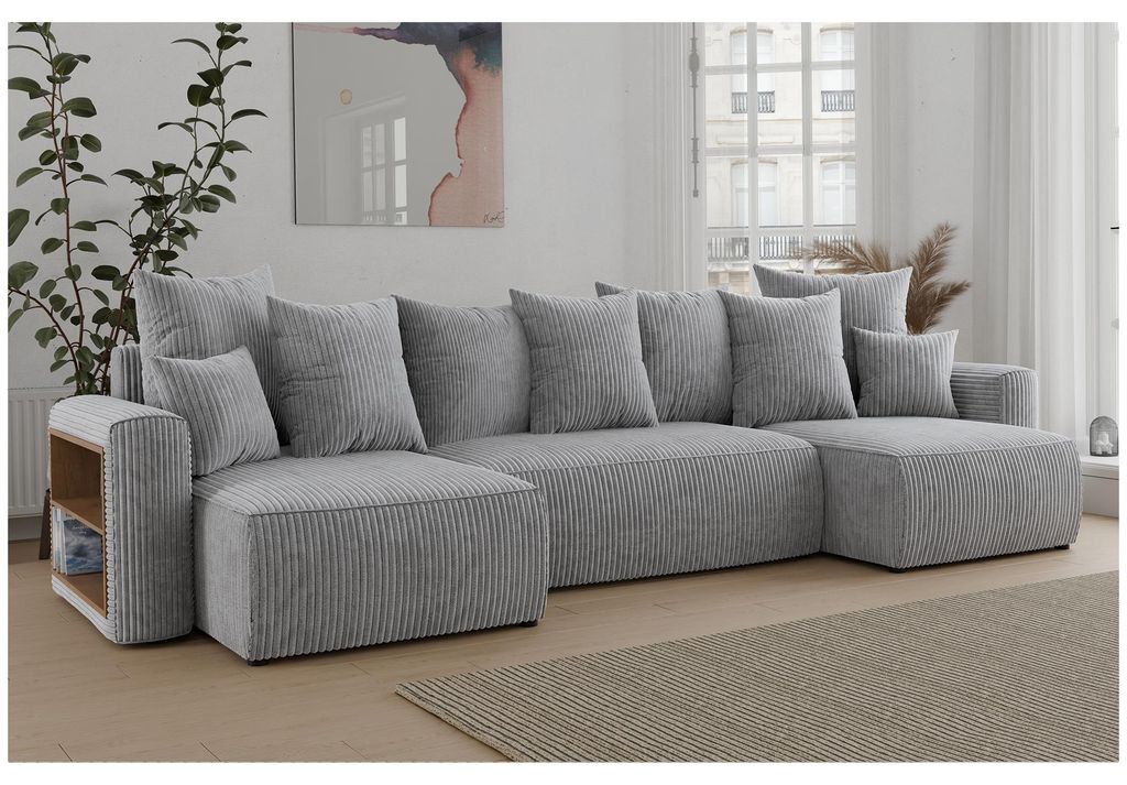 MEBLINI Schlafcouch mit Bettkasten - 312x142x73cm - Hellgrau Cordstoff - Solaria - Ecksofa mit Schlaffunktion - Sofa mit Relaxfunktion und Kopfstü...