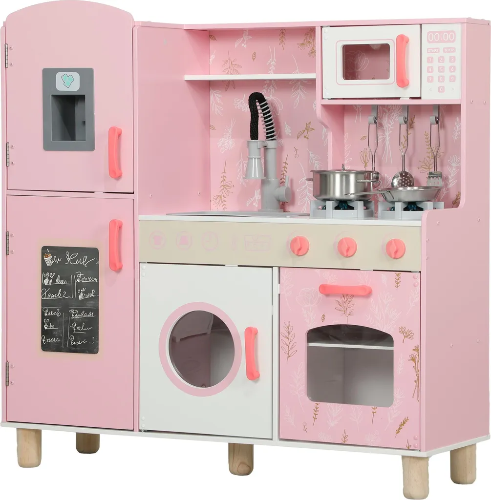 Cuisine enfant en bois MDF rose avec four et lave-linge dès 3 ans