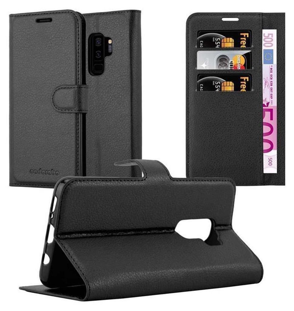 A black leather flip case for a Samsung Galaxy S9 Plus phone, shown in multiple views including open and closed.