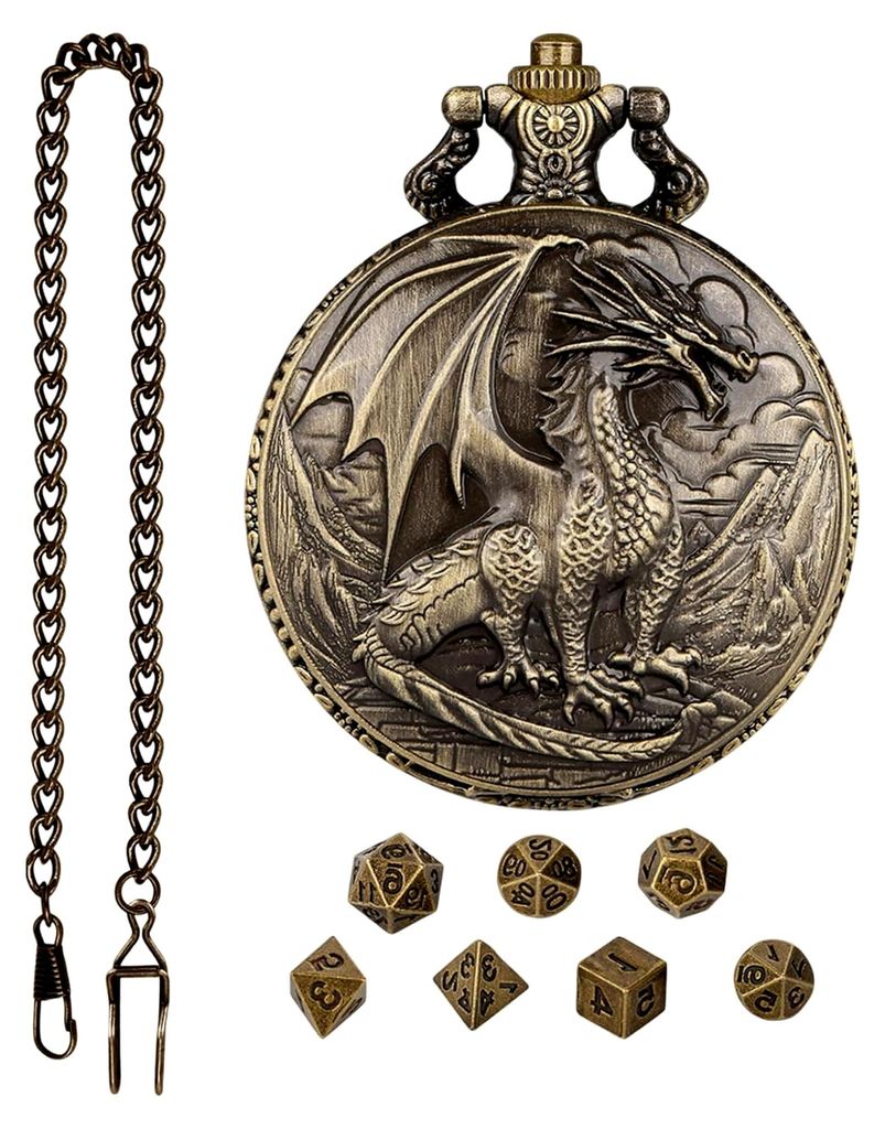 Taschenuhrgehäuse mit Drachengravur – Taschenuhrgehäuse mit Drachenmuster | Würfelset | Rollenspiel-Brettspielzubehör für Halloween, Weihnac...