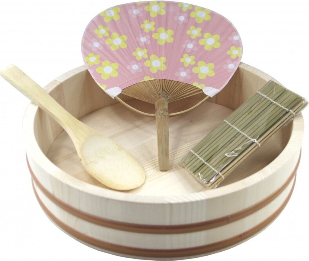 Hangiri Holzschüssel für Sushi Reis Ø 30 cm Holzbottich 4-tlg.-Set Geschenkidee