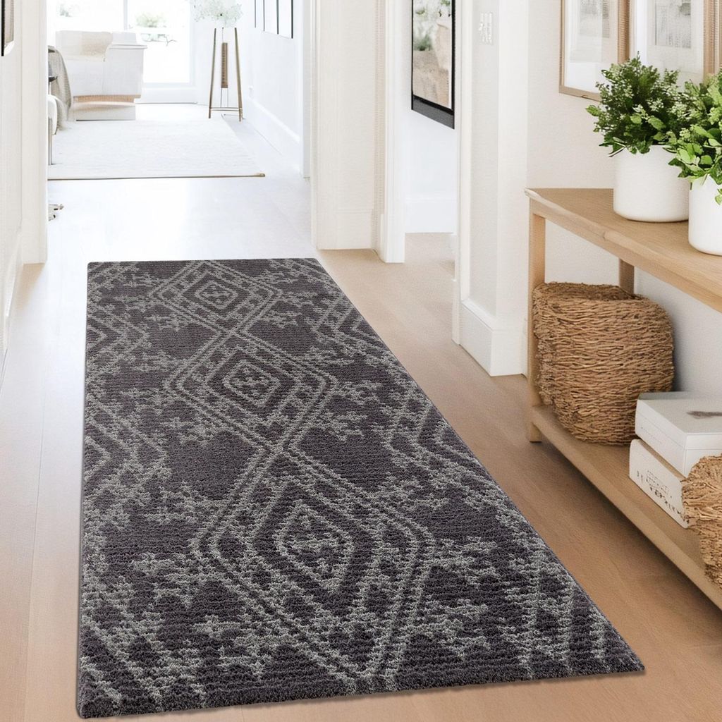 Teppich Läufer Grau - 80x300 cm - Raute, Azteken-Muster - Weiche Schlafzimmer-Teppiche, Flur