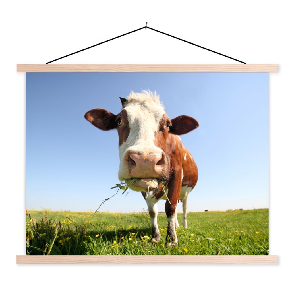 MuchoWow Textilposter Kuh - Tiere - Blumen - Gras 120x90 cm mit holzfarbenen Rahmen - Magnetisch