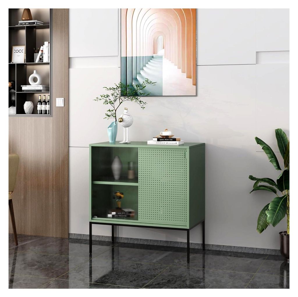 Sideboard Eidsvoll Wohnzimmerschrank Kommode mit Glas-Akzent Vitrinenschrank Geriffeltes Glas Aufbewahrungsschrank 80x45x85cm Grün