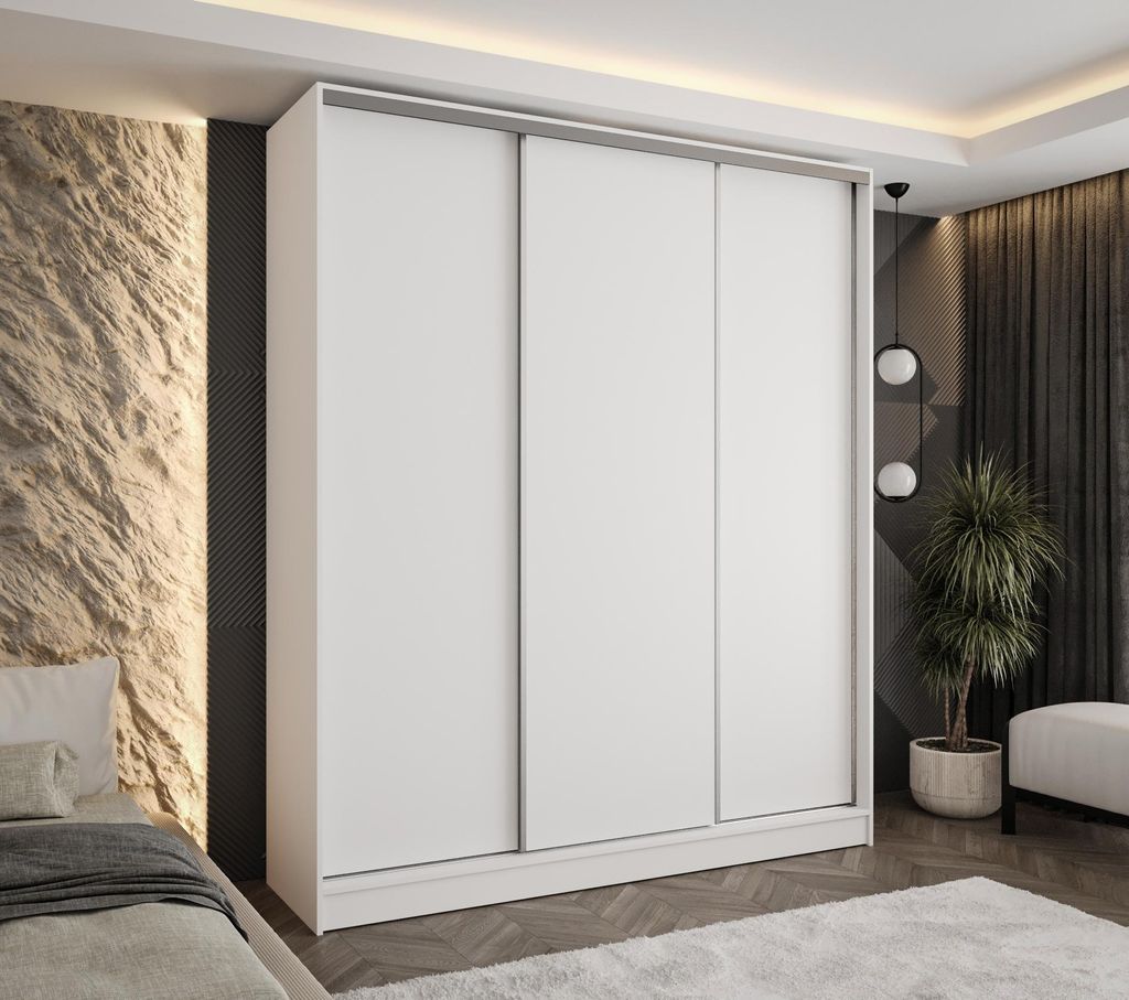 Moderner 3-türiger Schwebetürenschrank Weiß 230x58x250 cm – mit 4 Schubladen – Kleiderschrank für Flur, Schlafzimmer oder Ankleidezimmer