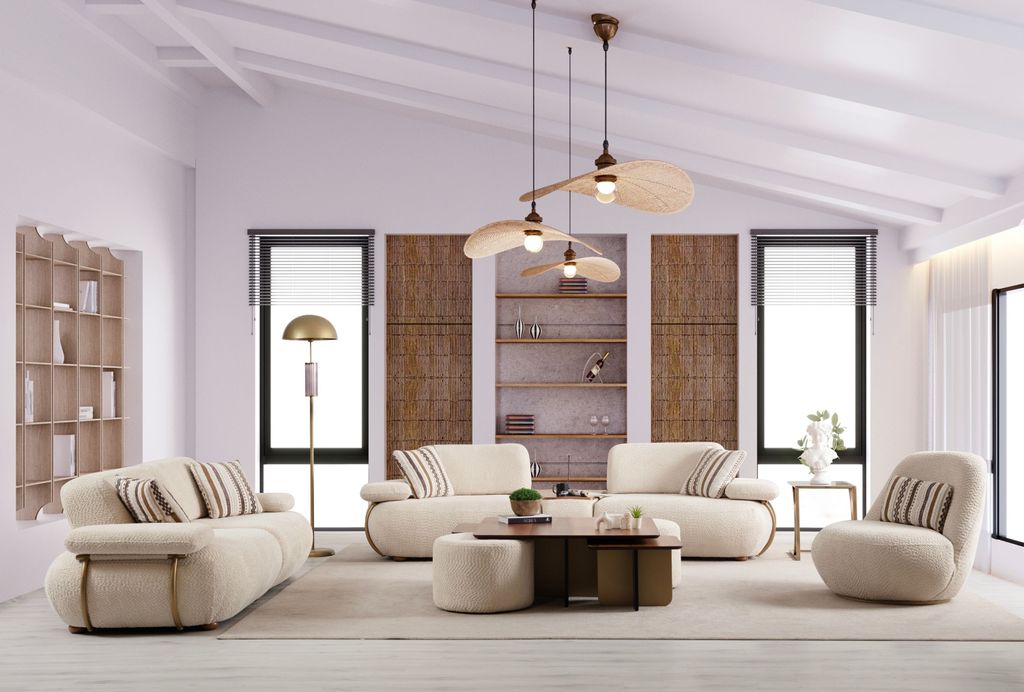 Sitzgruppe/Sofa Set - Modulares Wohnzimmergarnitur "Quince" 3+2+1 + Mittelkonsolentisch + Hocker-Beige