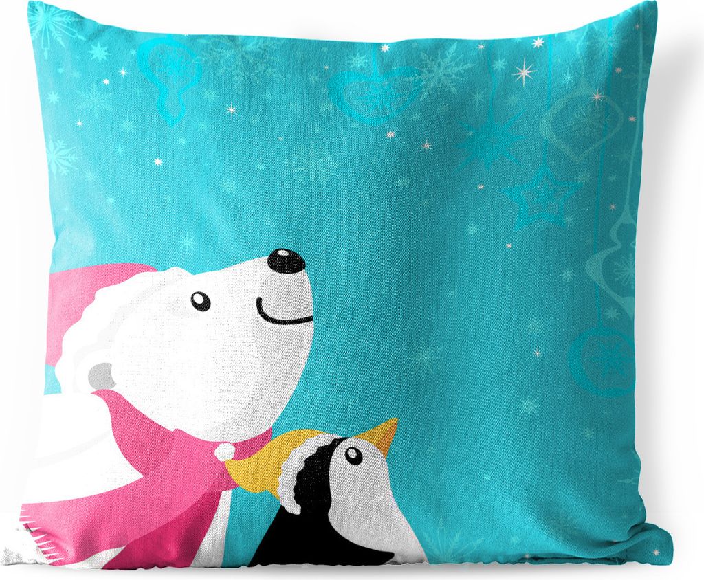 MuchoWow Outdoor Kissen - Illustration eines Pinguins und eines Eisbären auf blauem Hintergrund - 40x40 cm - Wetterfest - Lounge Kissen - Kopfki...