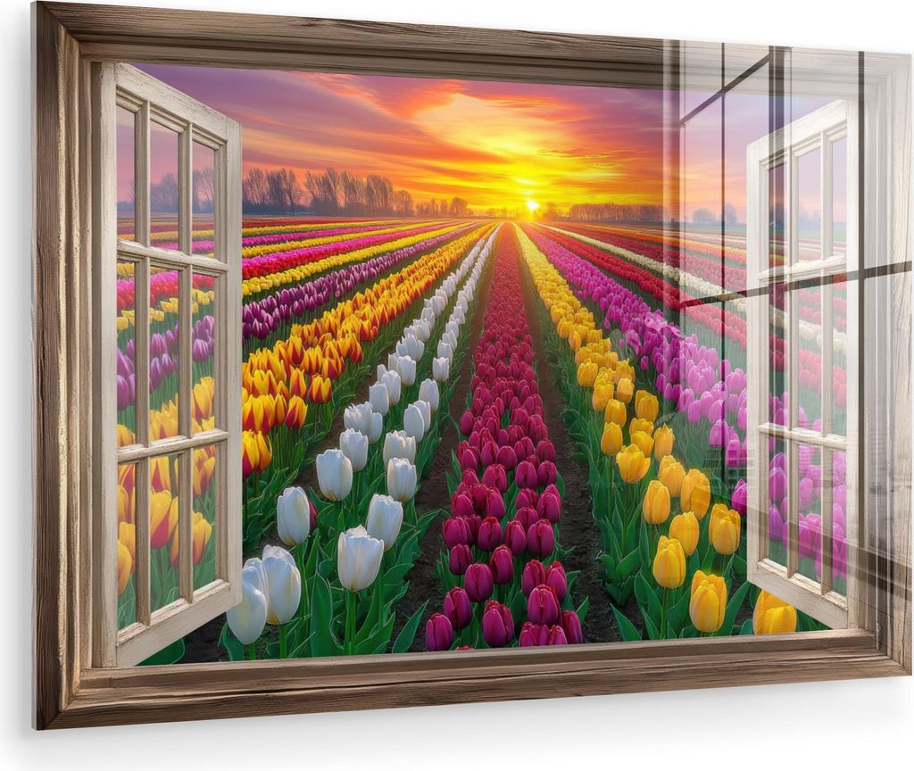 MuchoWow Glasbilder - Bilder auf Wandbild - Foto auf Glas Ausblick - Blumen - Tulpen - Bunt - Sonnenuntergang 120x80 cm Wanddekoration aus Glas - A...
