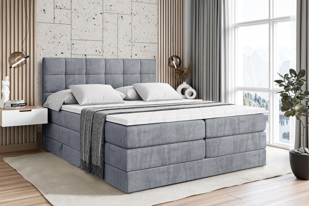 ALTDECOR Boxspringbett mit Matratze und Lattenrost - APO KING - 180x200 cm - Grau Samt - Topper, Polsterbett mit Bettkasten, Bett mit Stauraum H3 -...