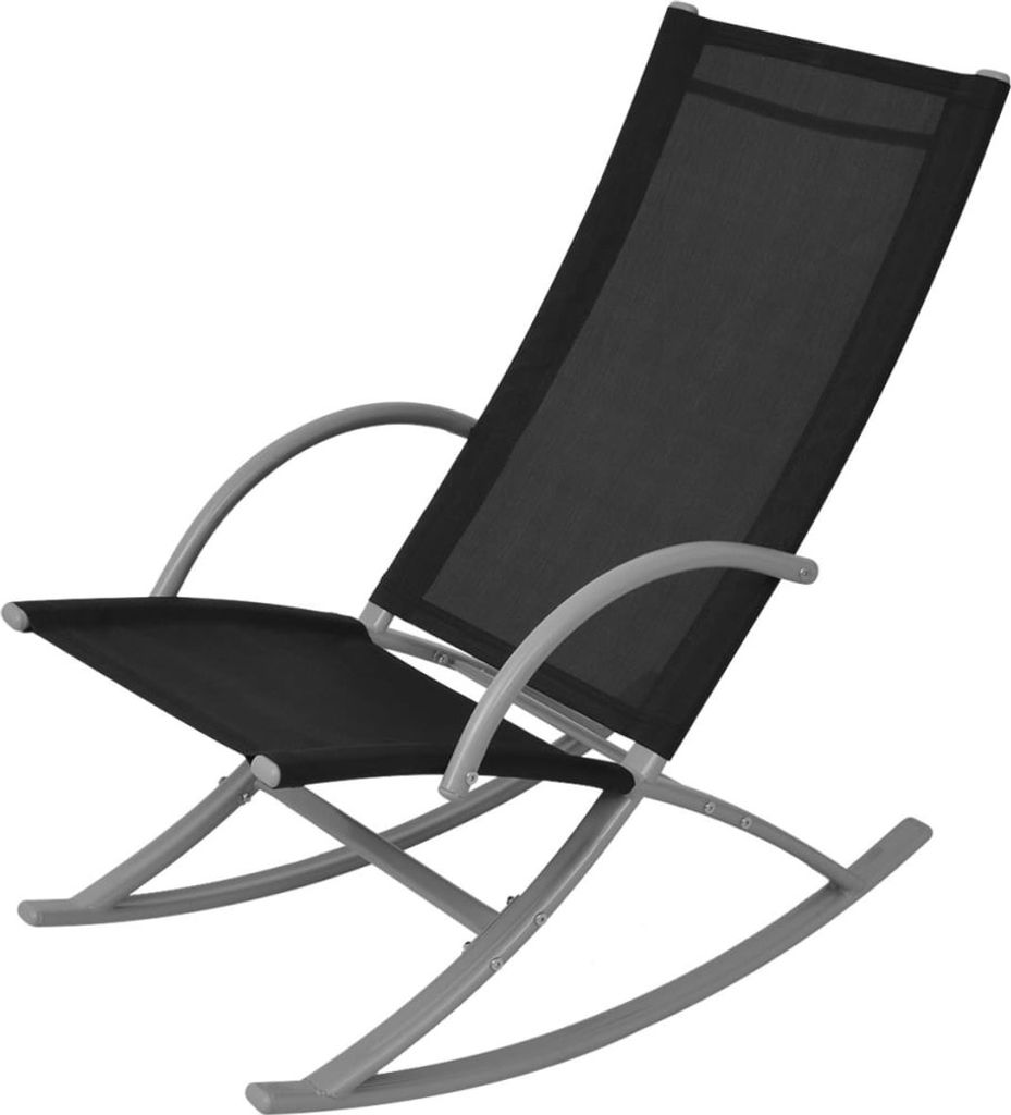 A black rocking chair with a gray metal frame is shown against a white background.