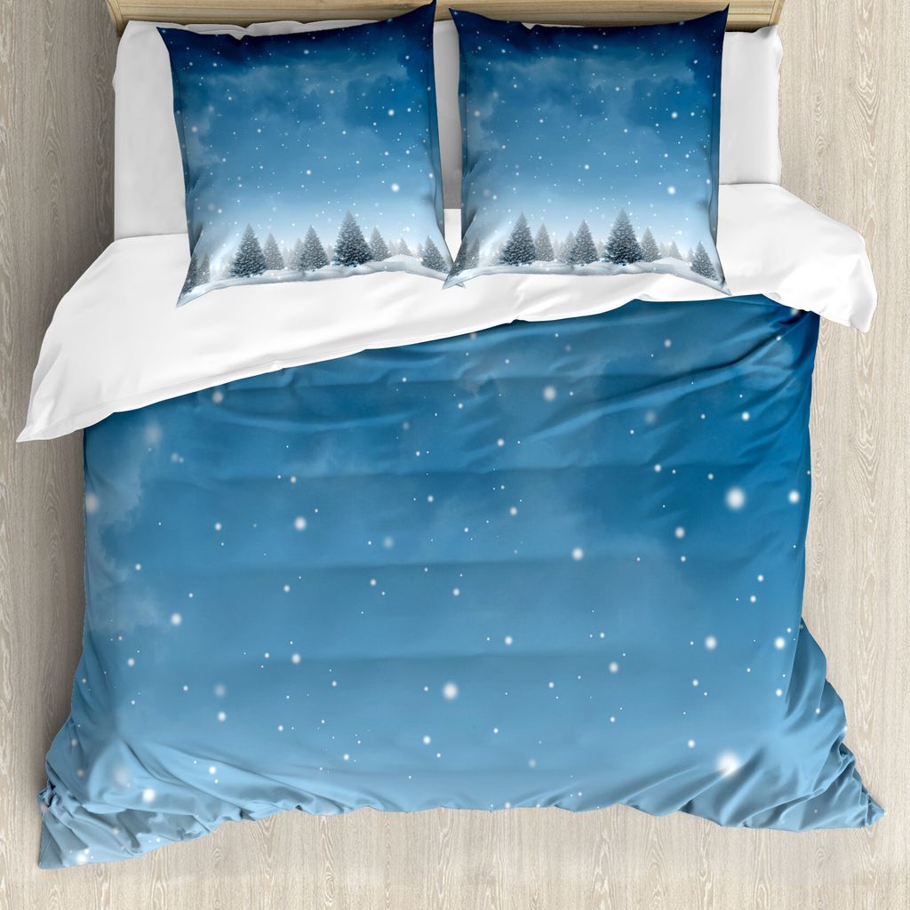ABAKUHAUS Winter Bettbezug, Weihnachten Blau Bäume des Waldes, Milbensicher Allergiker geeignet mit Kissenbezügen, 155 cm x 220 cm - 80 x 80 cm, ...
