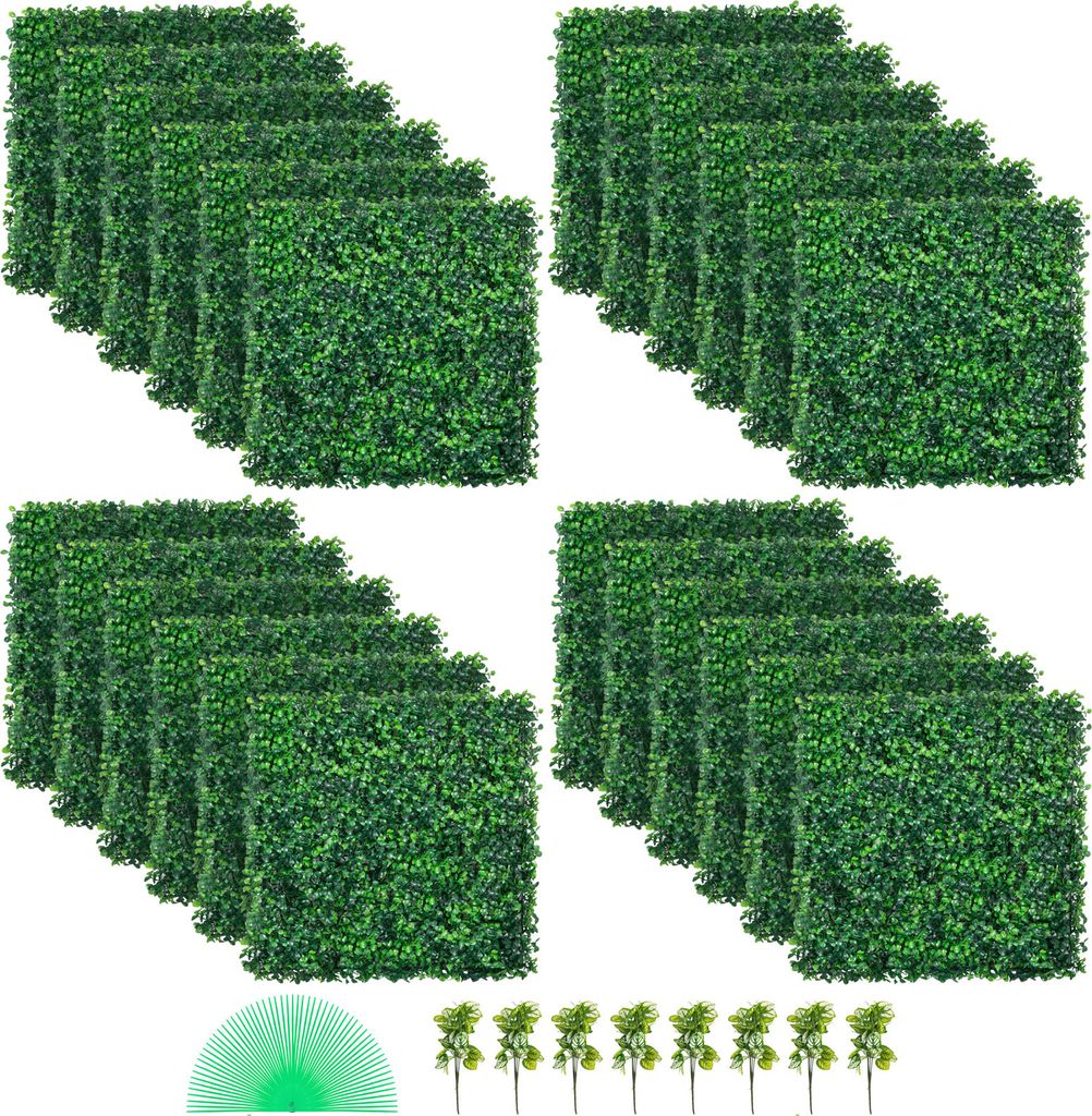 SucceBuy Künstliche Buchsbaumplatten, UV-beständig, 24 Stück, Kunstbuchsbaum-Heckenwand, 50,8 x 50,8 cm, 4 cm, grünes Gras, Sichtschutzzaun fü...