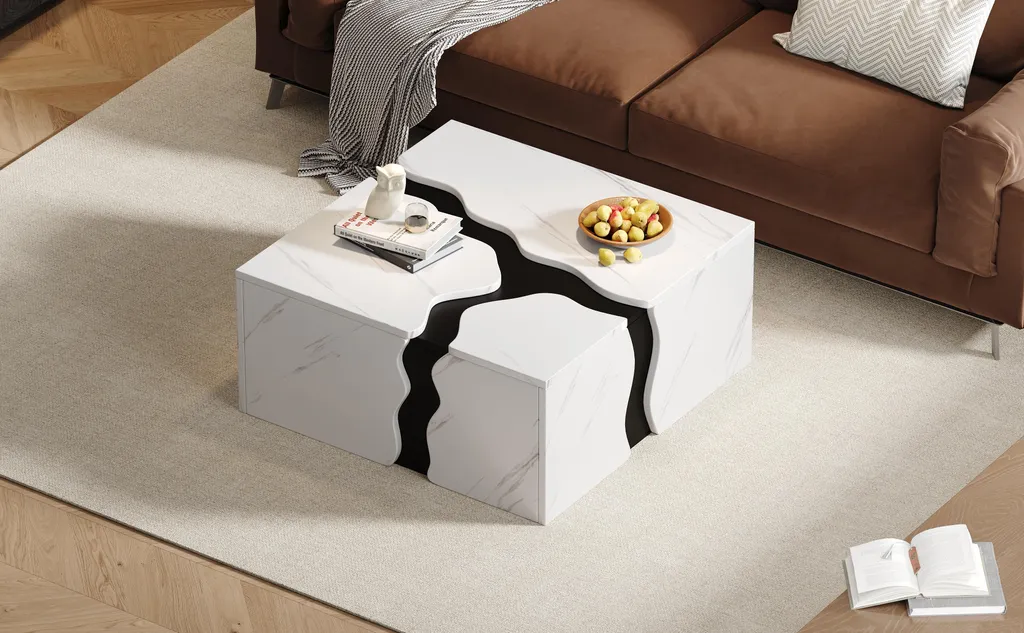 Tavolino da salotto Fortuna Lai, 70 x 70 x 31 cm, design geometrico a forma di cubo, tavolino con cassetto, tavolo con rivestimento in marmo dalla forma unica, tavolino da caffè, tavolino portaoggetti, tavolino da gioco - 6