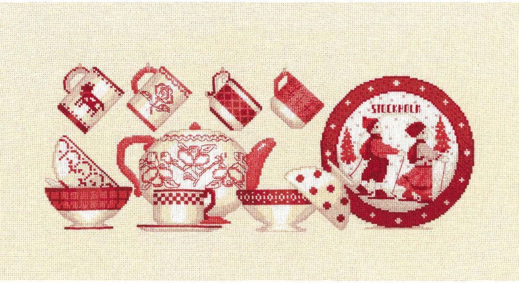Le Bonheur des Dames Kreuzstich-Set „Rotes Geschirr I“, zum Selbermachen, 12,5 x 31 cm