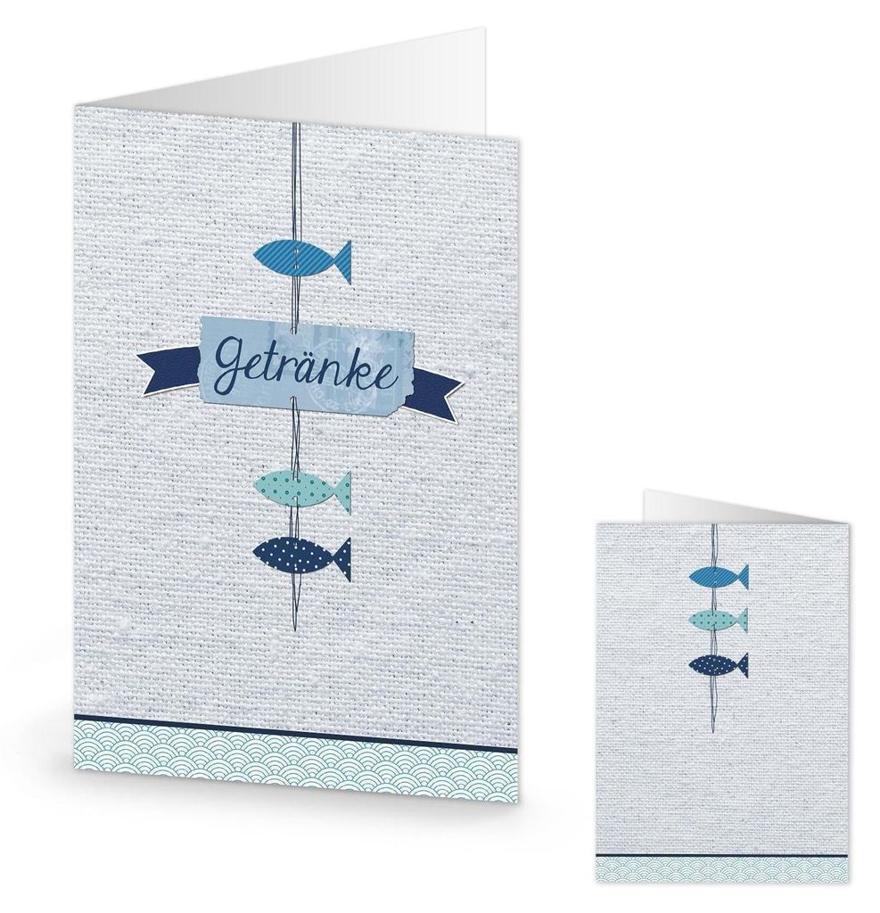 Logbuch-Verlag 10 Getränkekarten grau blau mit 3 Fischen f. Kommunion Firmung Taufe christliche Feste maritime Karte f. Getränke Klappkarte dunke...