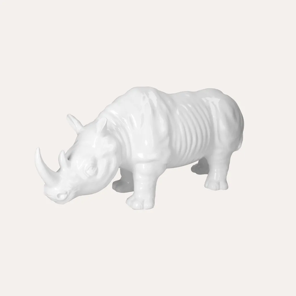 Rhinocéros Décoratif en Céramique Blanche pour Salon et Bureau Chic