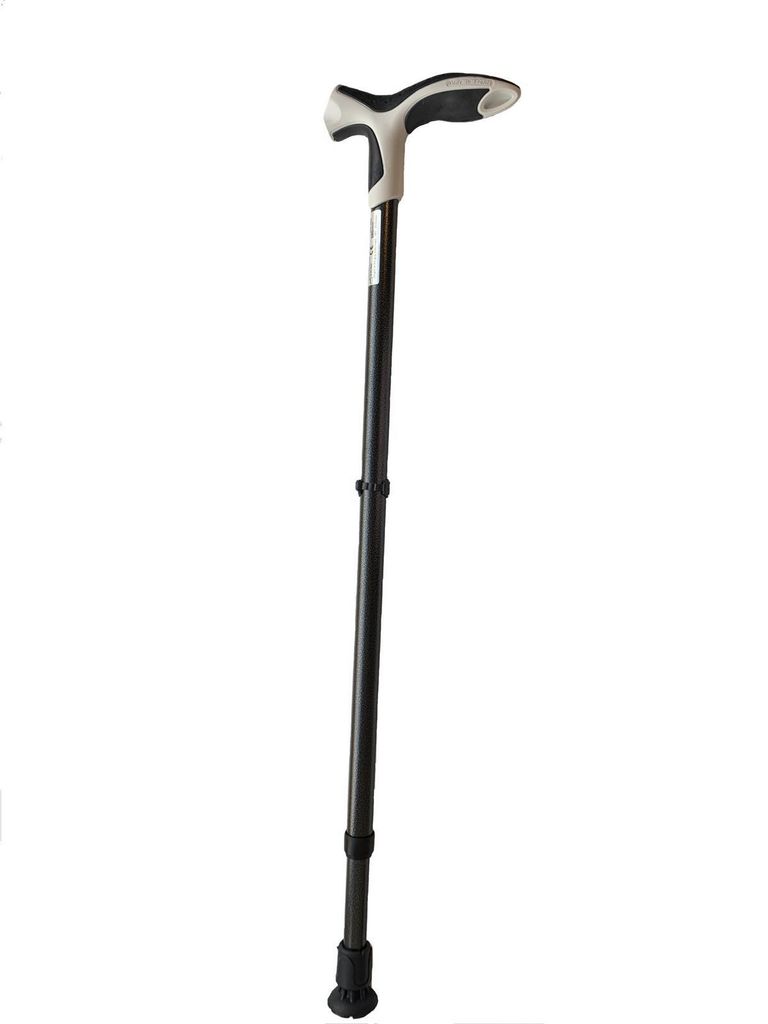 A black and white adjustable walking cane is shown against a white background.