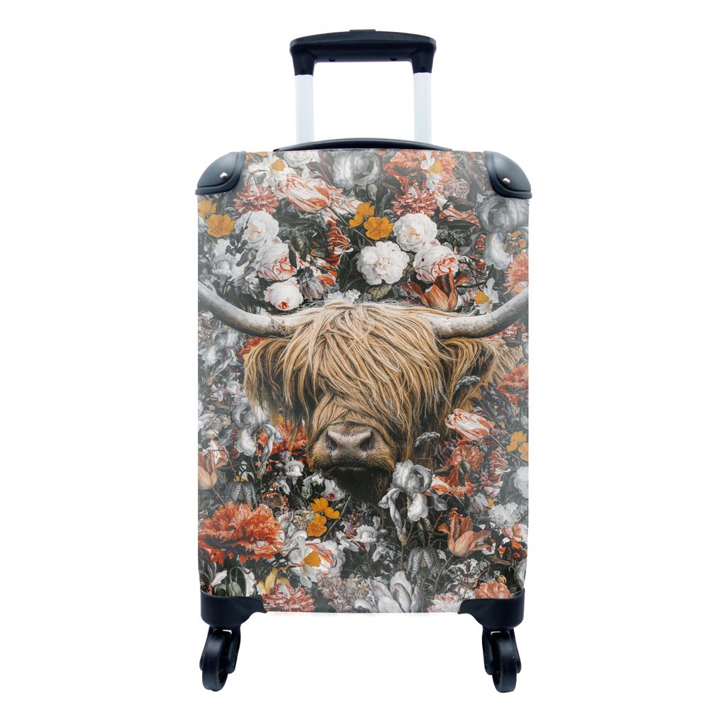 MuchoWow Koffer Handgepäck Trolley Rollkoffer Kleine Reisekoffer mit 4 Rollen - Schottische Highlander - Blumen - Rosen - Cabin Size < 55x40x23 ...